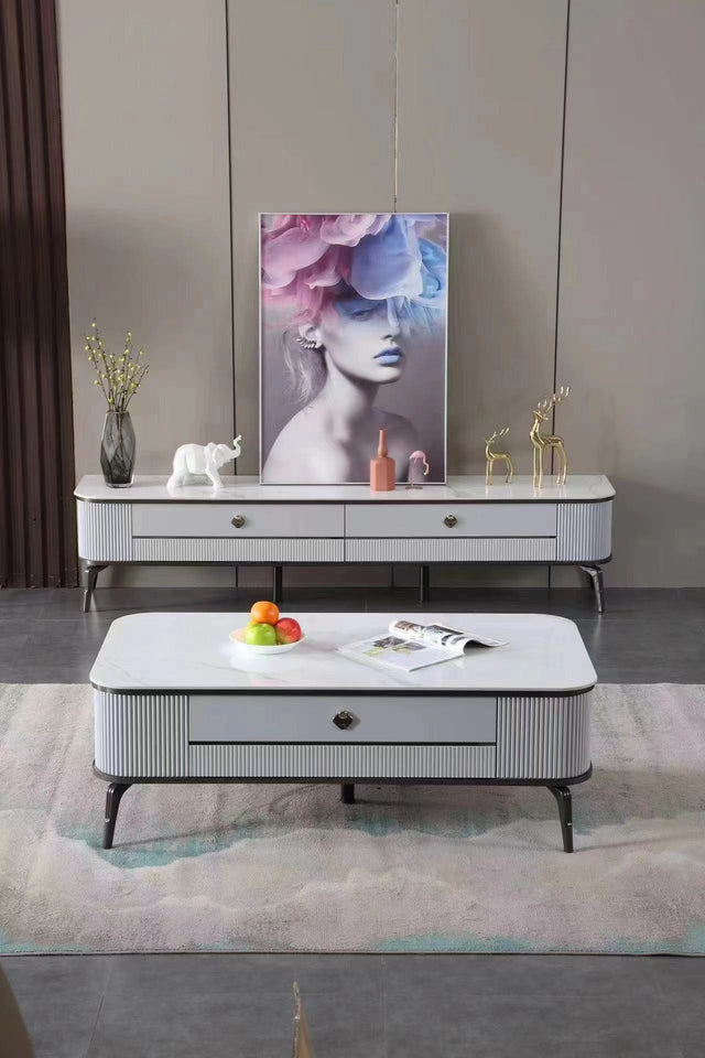 Moe Artificial Marble Light Grey TV Unit & Coffee Table set
