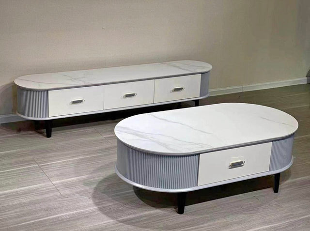 Artificial Marble Round White Top TV Unit & Coffee Table