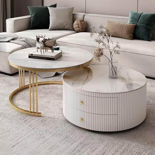 Luxury Artificial Marble Top Round Coffee Table 2 Drawers